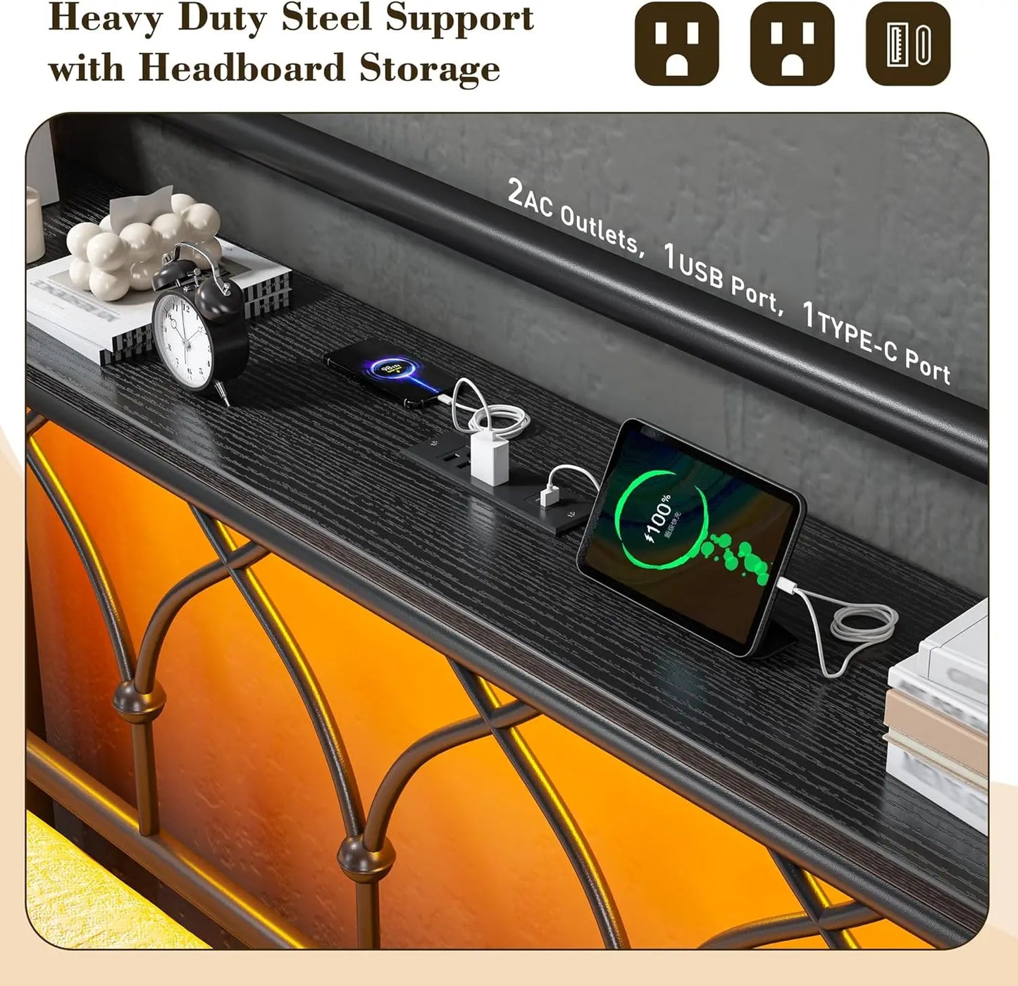 King Size Bed Frame With Headboard LED Lights Power Outlets
