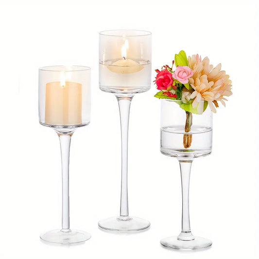 Set Of 3 Glass Tall Tea Light Candle Holders For Wedding