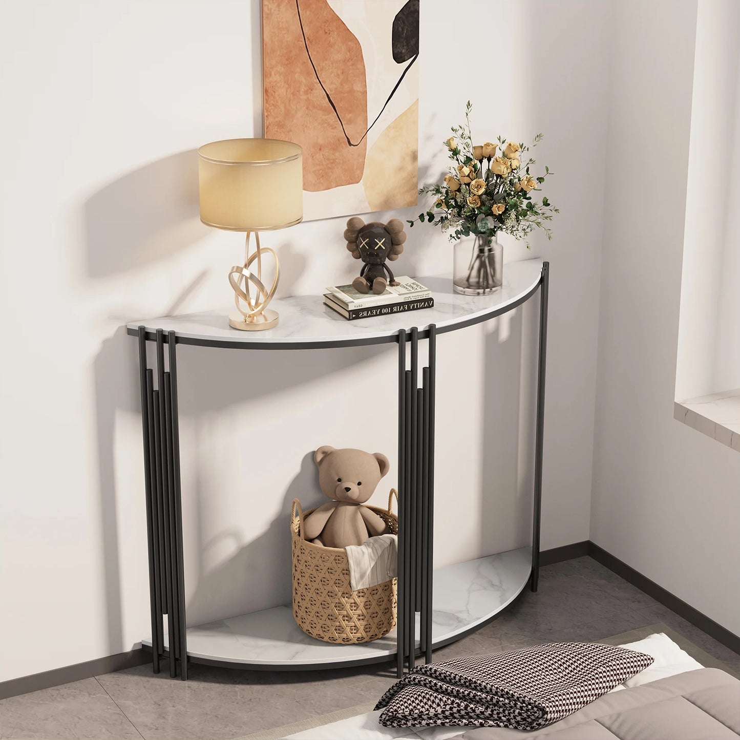 Half Moon Tiered Real Marble Entry Console Table For Hallway