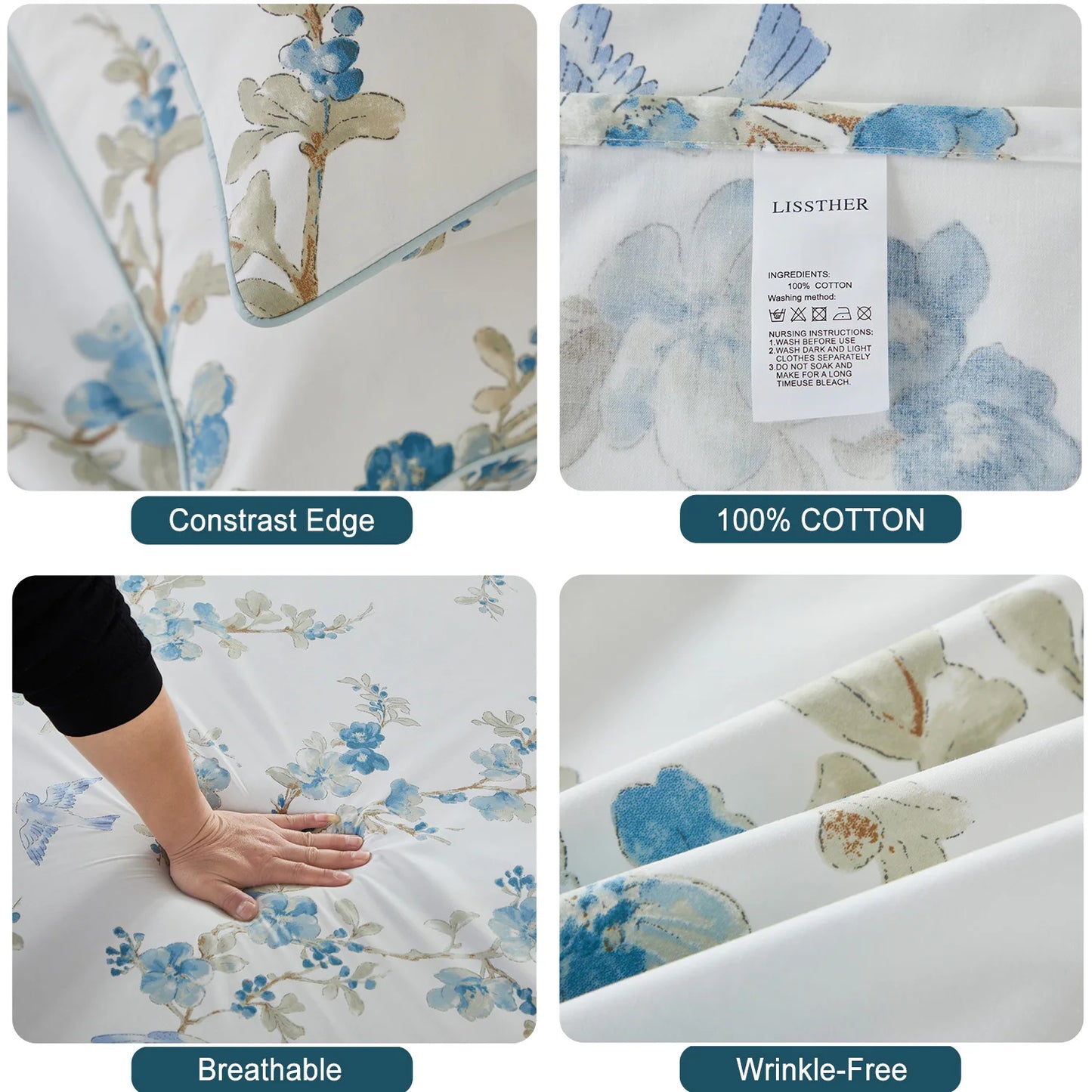 600TC Egyptian Cotton Duvet Cover Set in Blue Floral