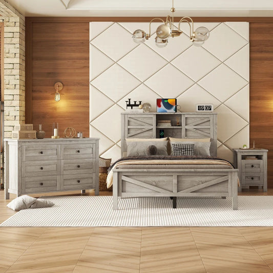 Antique Gray 3-Piece Bedroom Set with Storage Headboard
