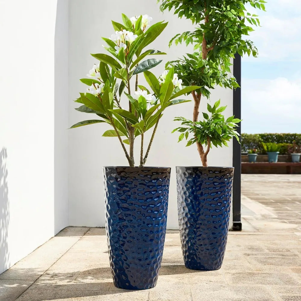 Tall Planter Set Of 2 Honeycomb Cobalt Blue Round Pots