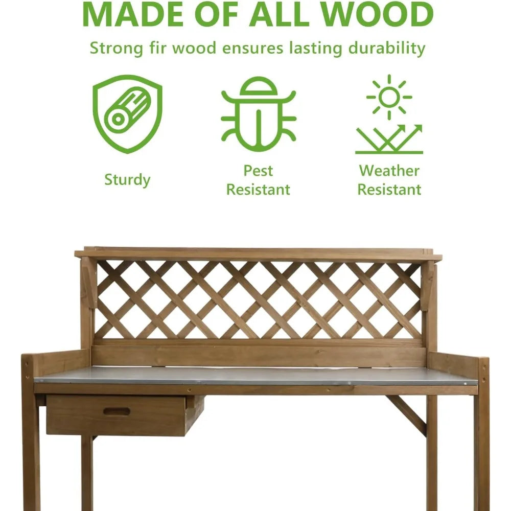 Outdoor Wooden Potting Bench with Metal Top and Storage Solutions