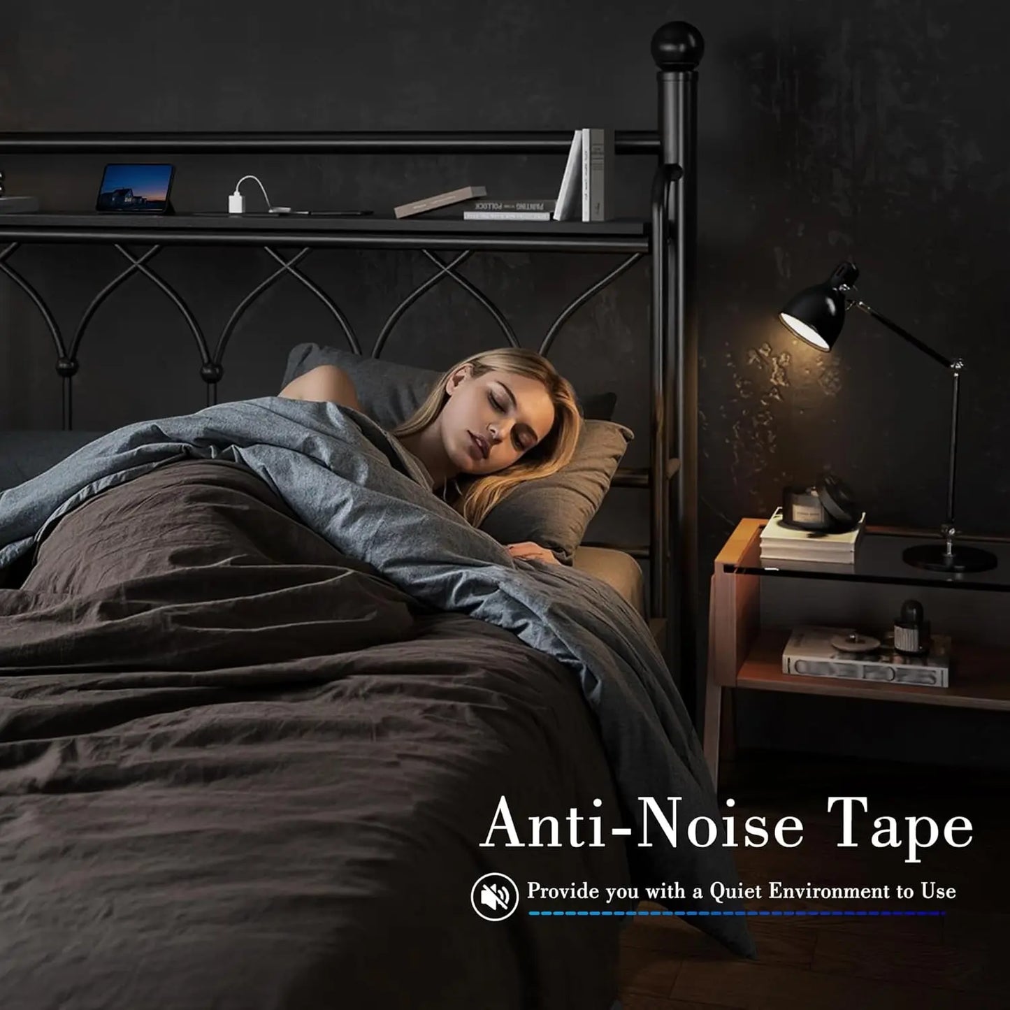 King Size Bed Frame With Headboard LED Lights Power Outlets