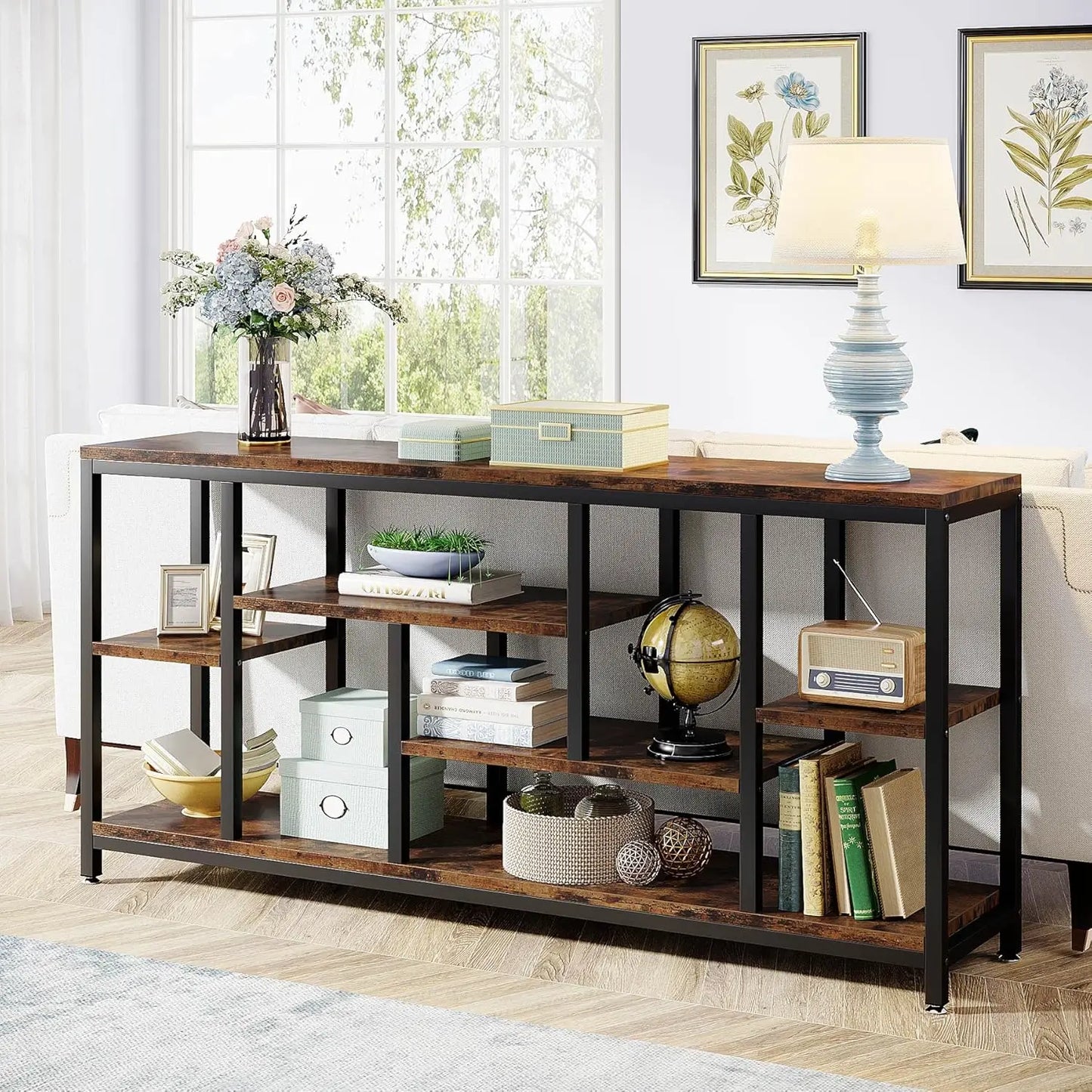 Console Sofa Table 70.9 Inch Long 3 Tier Industrial Brown