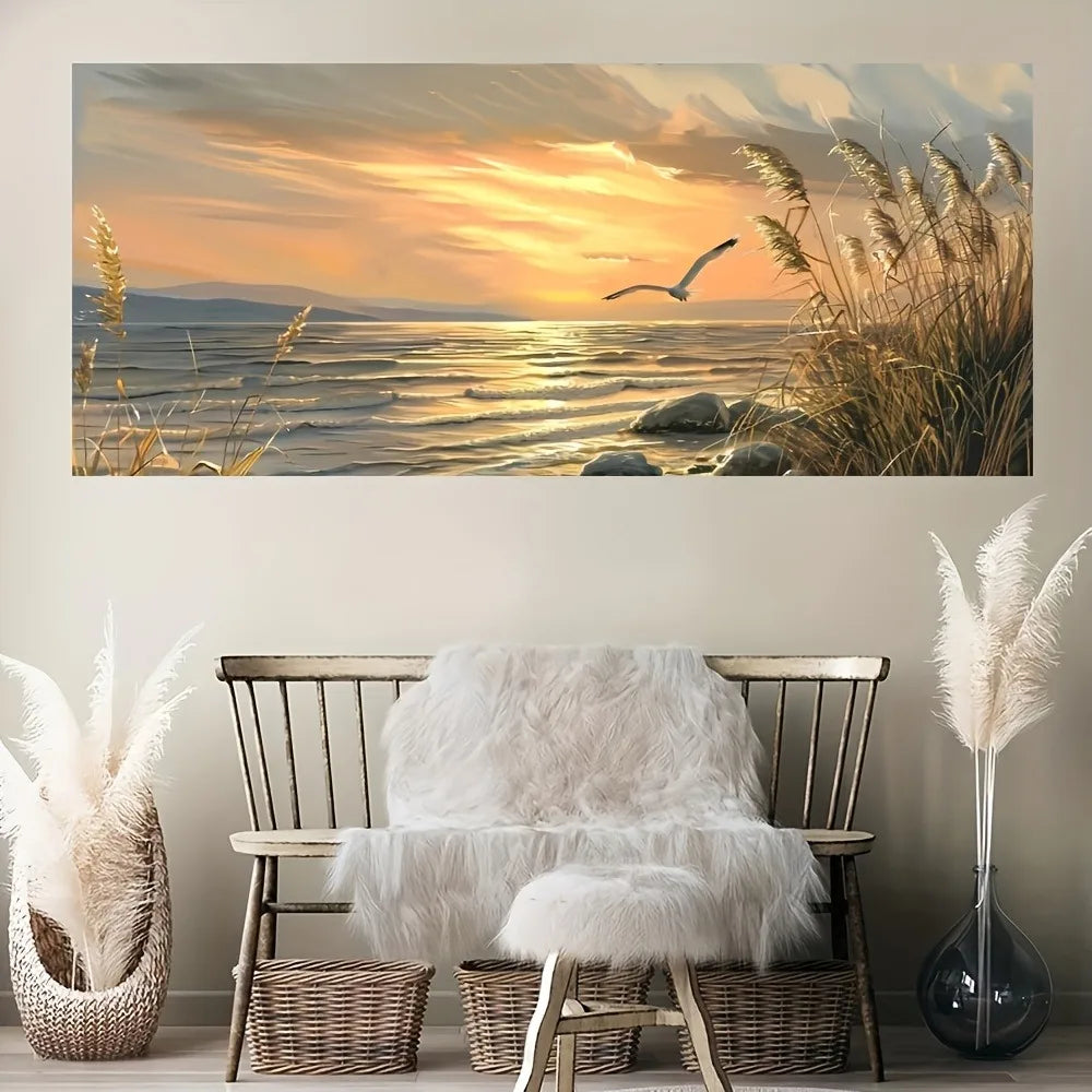 Sunset Beach Art Canvas Print with Pine Wood Frame