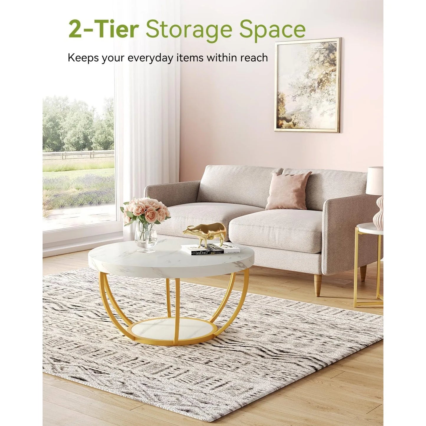 32 Inch Circle Marble Coffee Table Two Tier Gold Metal Legs