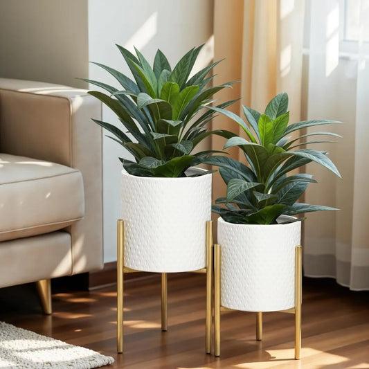 White Indoor Planters With Gold Metal Stand Set Of 2