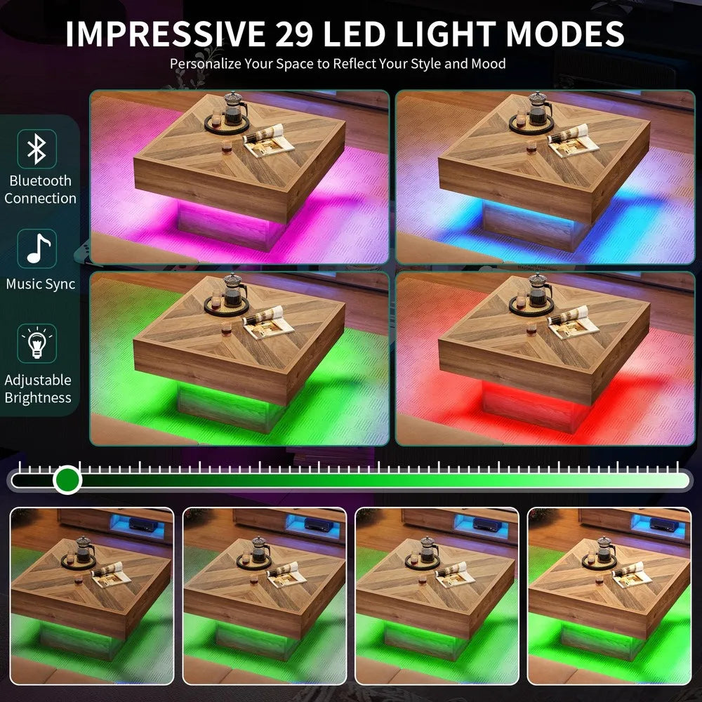 Square LED Coffee Table With 2 Drawers Modern Living Room