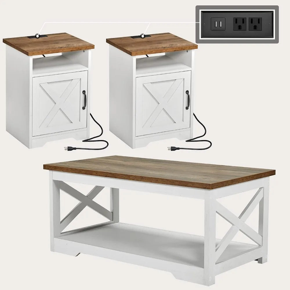 Farmhouse 3-Piece Living Room Table Set with USB Charging