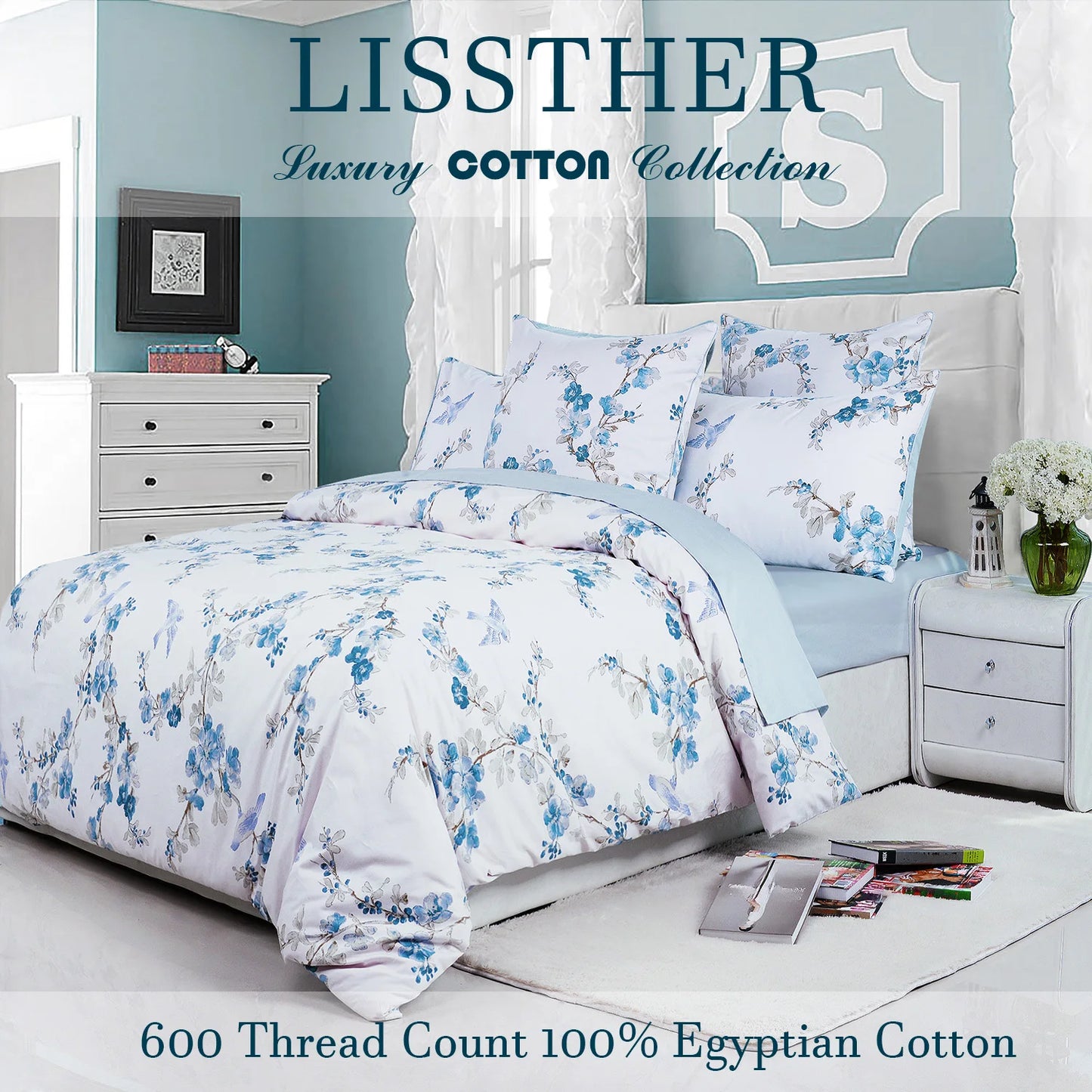 600TC Egyptian Cotton Duvet Cover Set in Blue Floral