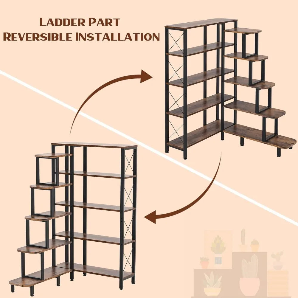 Large Corner Shelf Bookcase Industrial Reversible 5 Tier