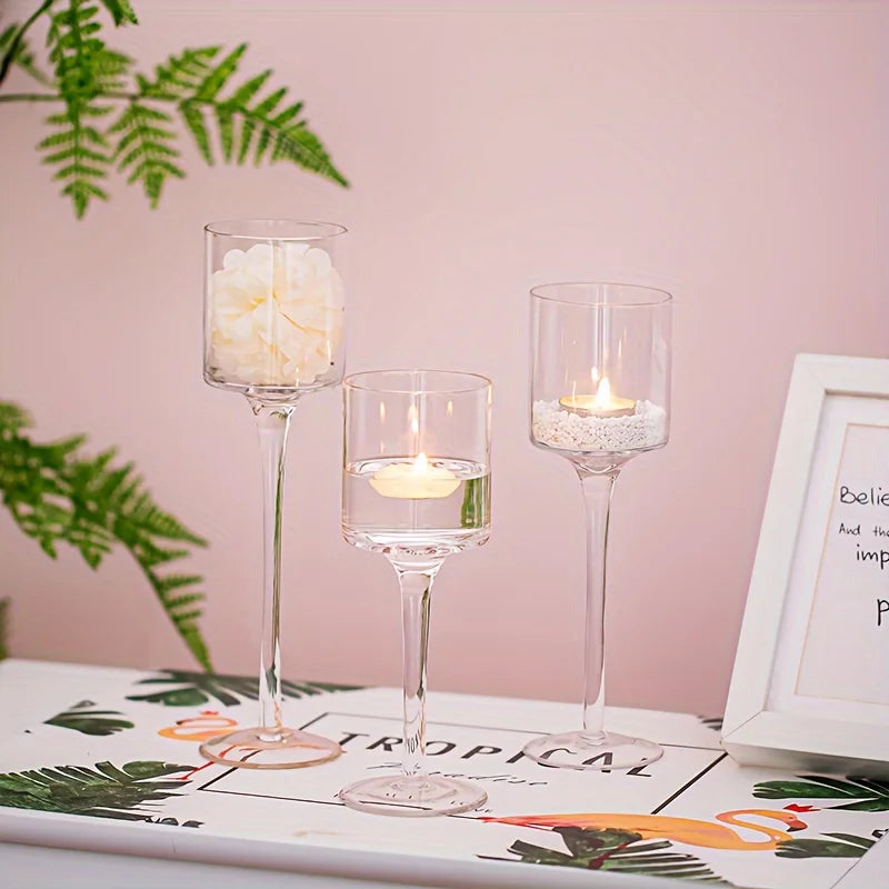 Set Of 3 Glass Tall Tea Light Candle Holders For Wedding