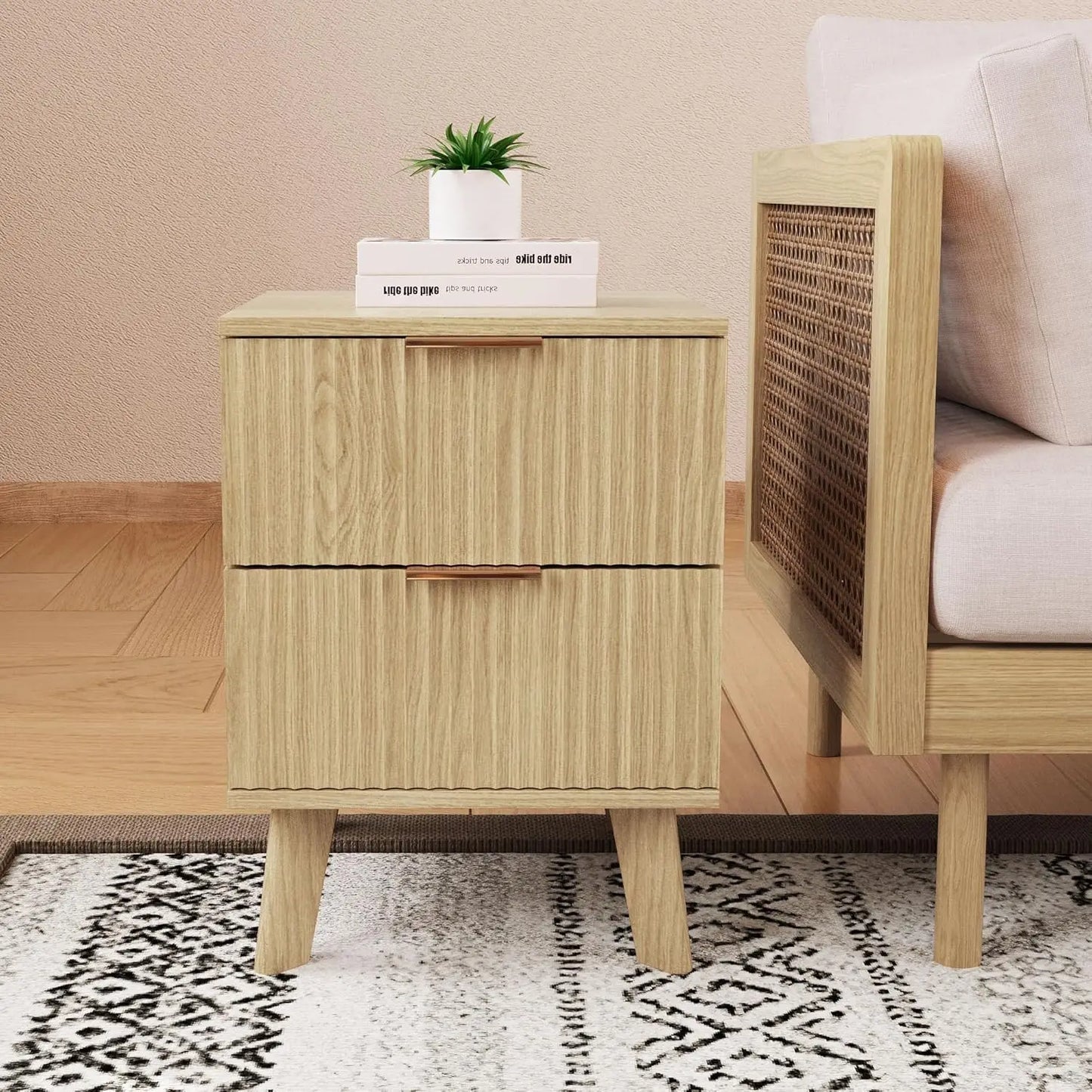 Fluted Nightstand Mid Century Modern Drawer Dresser Bedroom
