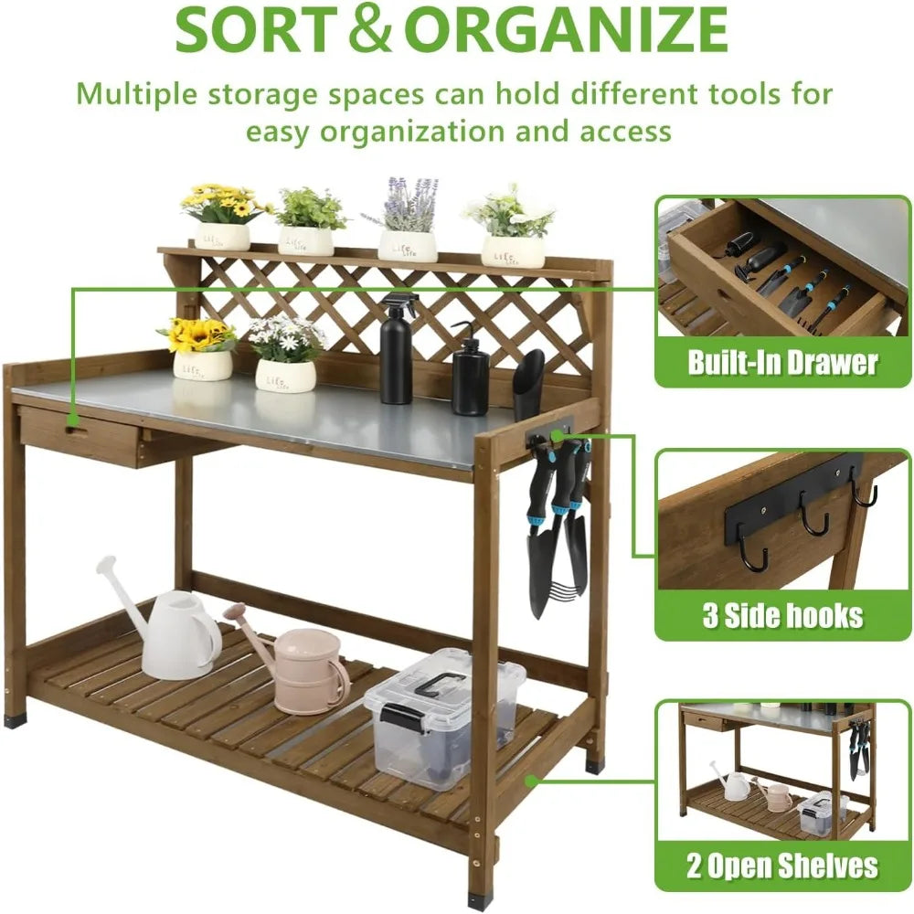Outdoor Wooden Potting Bench with Metal Top and Storage Solutions