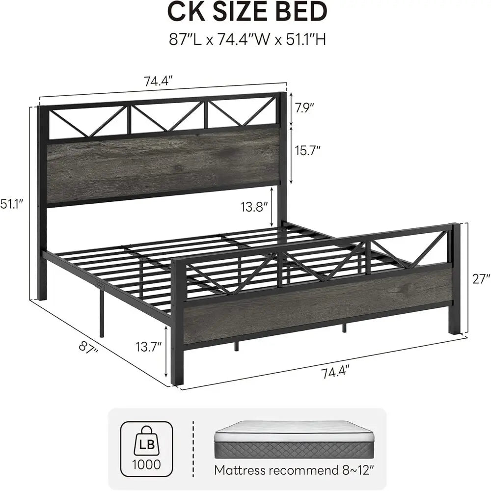 Likimio California King Bed Frame With Industrial Headboard