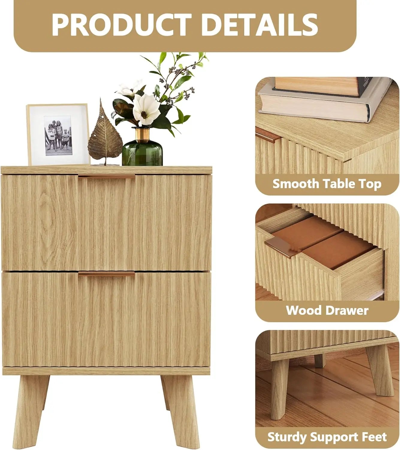 Fluted Nightstand Mid Century Modern Drawer Dresser Bedroom