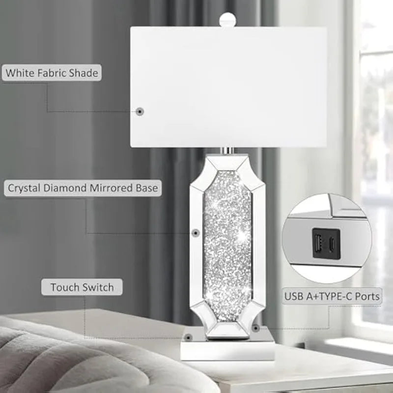 3 Way Dimmable Touch Diamond Crushed Bedside Table Lamps Set of 2