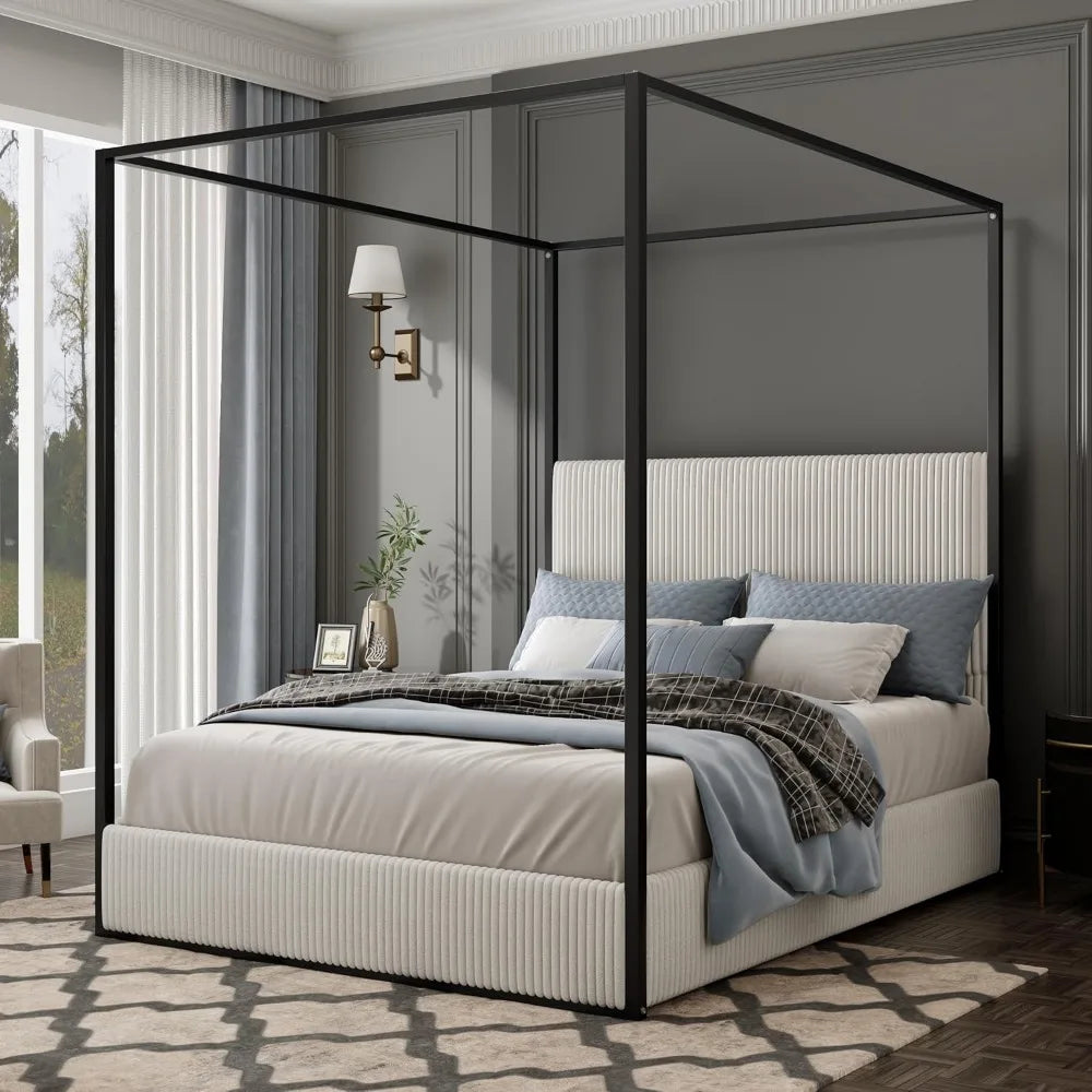 Linique King Size Metal Canopy Bed Velvet Headboard White