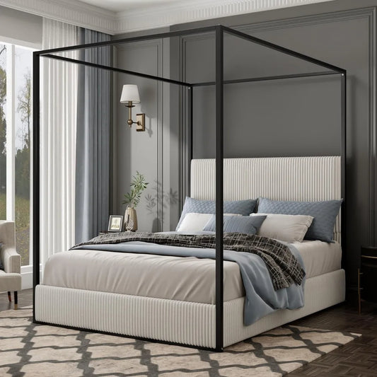 Linique King Size Metal Canopy Bed Velvet Headboard White