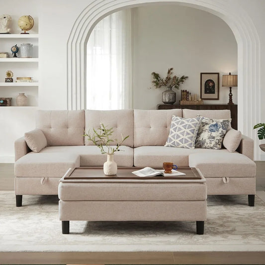 Convertible Sectional Sofa With Linen Fabric Ottoman Table