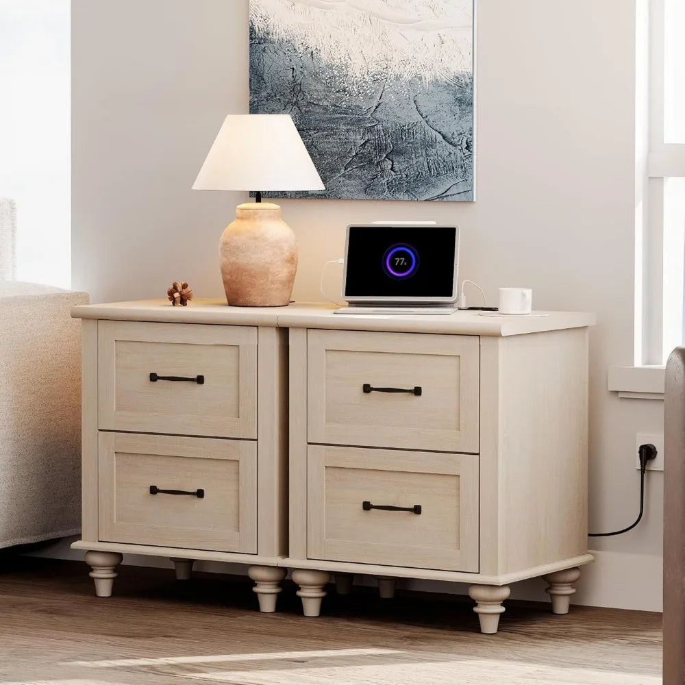 Beige Nightstands Set Of 2 With Charging Station Drawers