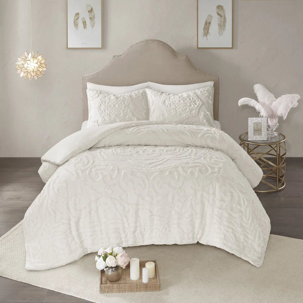 3 Piece Cotton Duvet Cover Set Full Queen Tufted Chenille