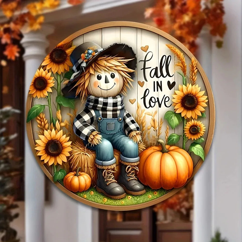 Tin Painting Scarecrow Fall Harvest Sign Round Wreath