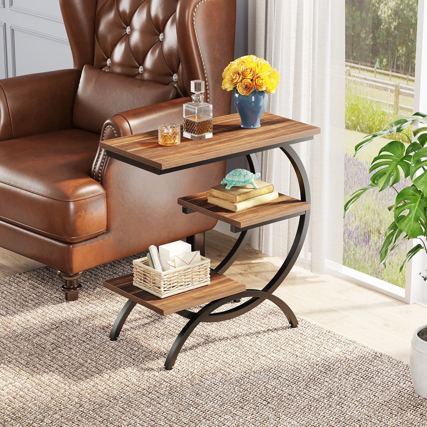 Tribesigns C Shaped End Table 3 Tier with Storage Shelves
