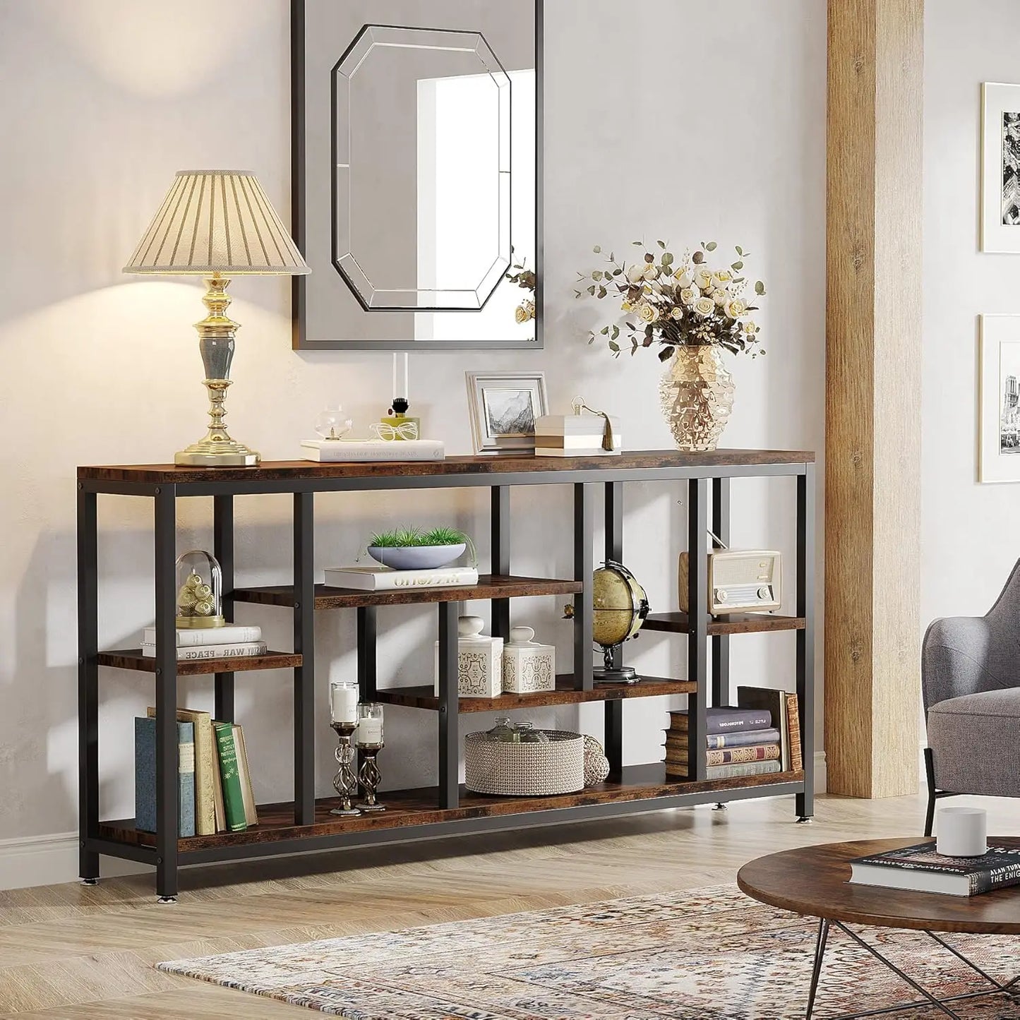 Console Sofa Table 70.9 Inch Long 3 Tier Industrial Brown