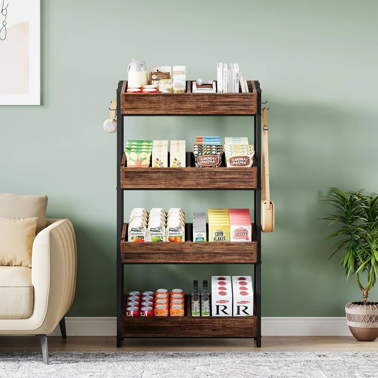 Four Tier Wooden Snack Stand With Heavy Duty Metal Frame