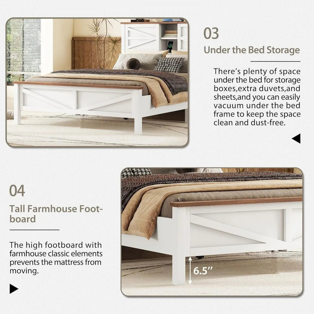 Farmhouse 3 Piece Queen Platform Bed Sliding Door Storage