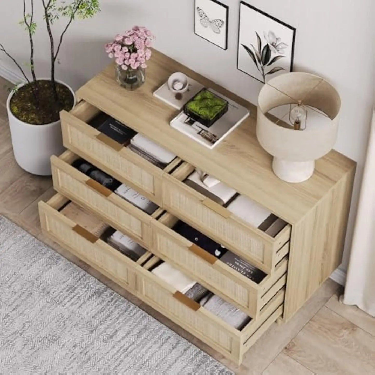 Rattan Dresser 6 Drawer Boho Farmhouse Chest of Drawers