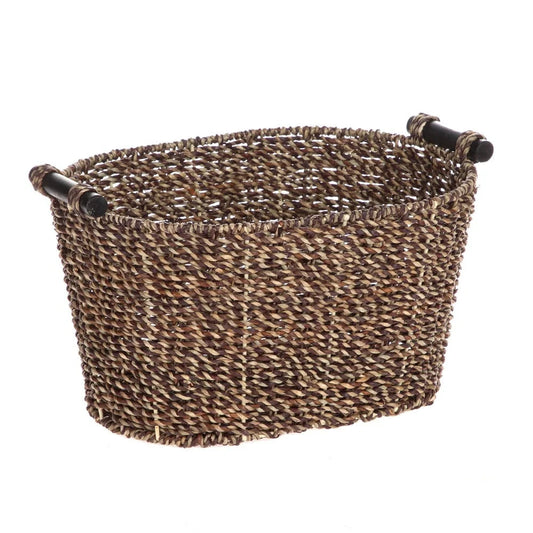 Oval Seagrass Storage Basket with Wooden Handles Brown Decorative Baskets Home Organization Woven Small Item Storage
