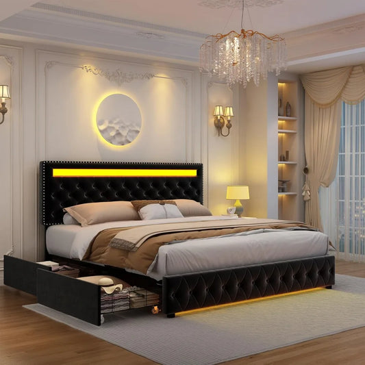 Led Bed Frame With 4 Storage Drawers And Smart Lights
