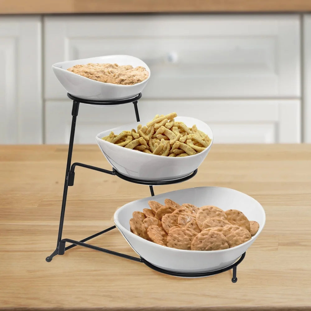 3 Tier Oval Porcelain Serving Bowls Set With Metal Rack