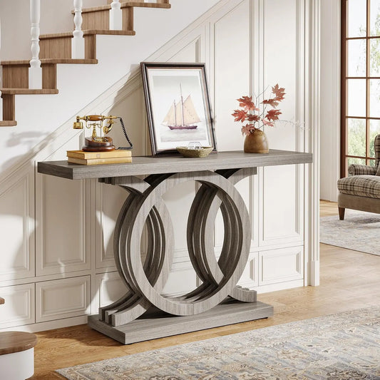 55 Inch Console Table With Geometric Wood Base Entryway