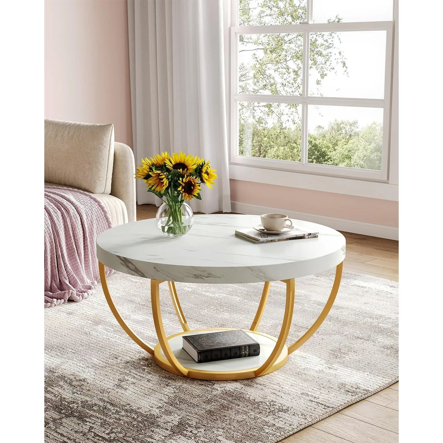 32 Inch Circle Marble Coffee Table Two Tier Gold Metal Legs