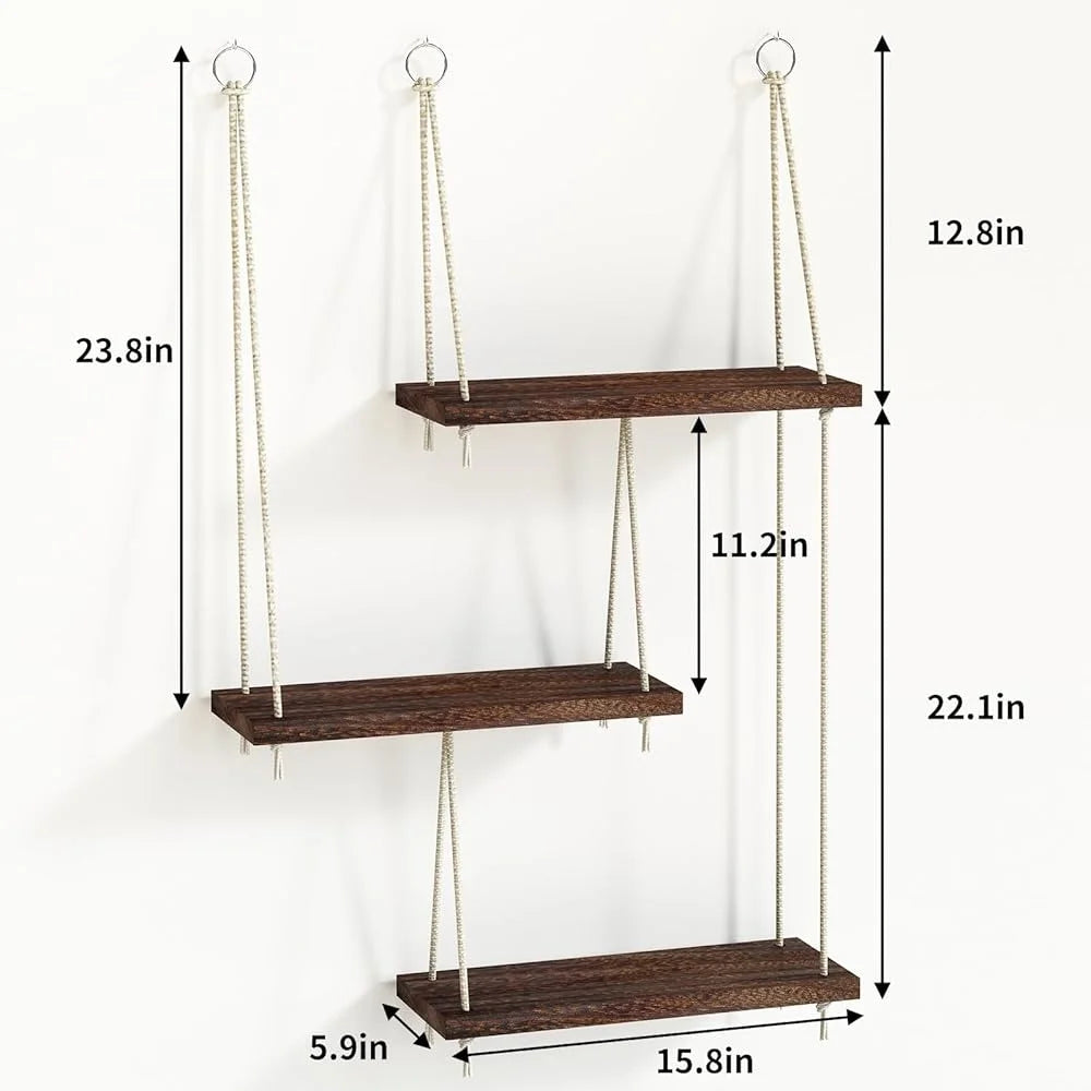 3 Tier Hanging Wall Shelves Boho Rustic Wood Decor Set