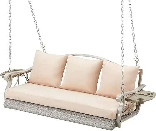 Heavy Duty 900 Pounds Rattan Porch Swing Chair for Three