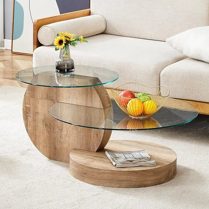 Round Glass Coffee Table Wooden Base Mid Century Modern