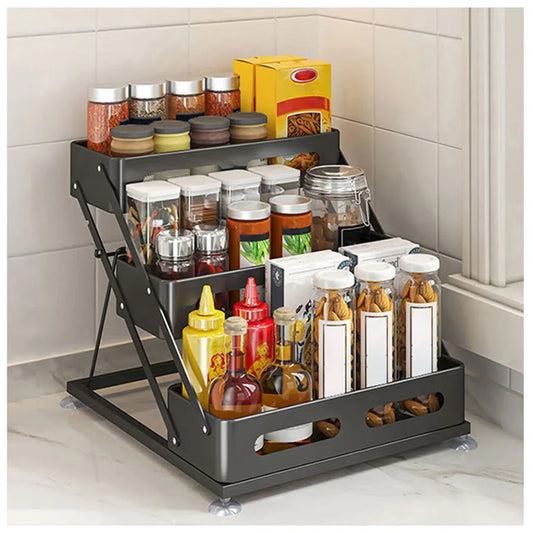 3 Layer Carbon Steel Kitchen Spice Rack Adjustable Height