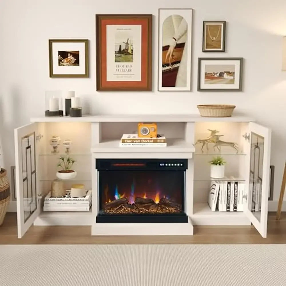 Farmhouse Glass Electric Fireplace TV Stand For 65 Inch TVs