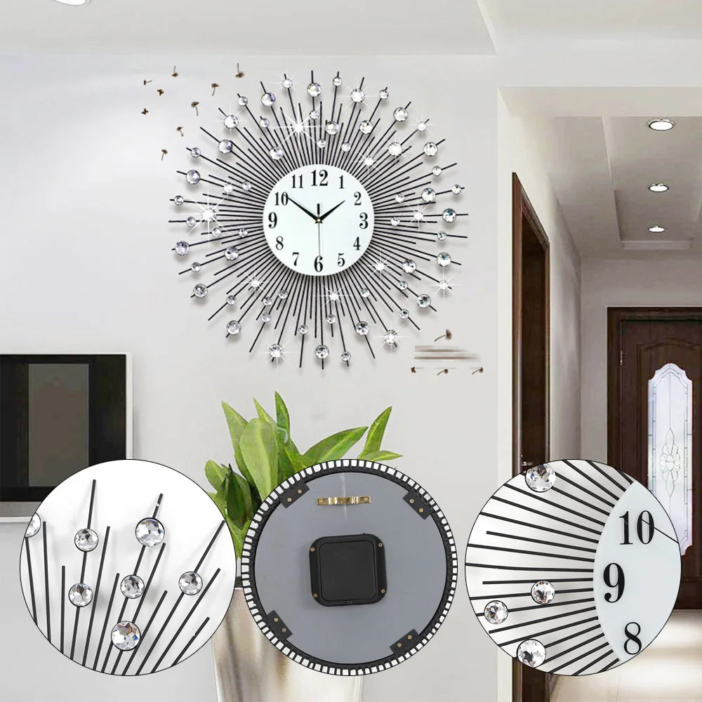 Stylish Acrylic Diamond Sunburst Wall Clock Metal 60cm