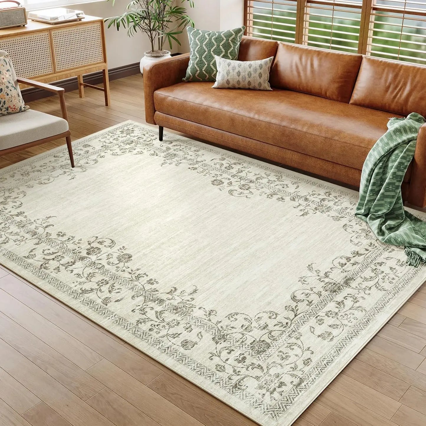 HiMISSH Floral Border Washable Area Rug For Living Room