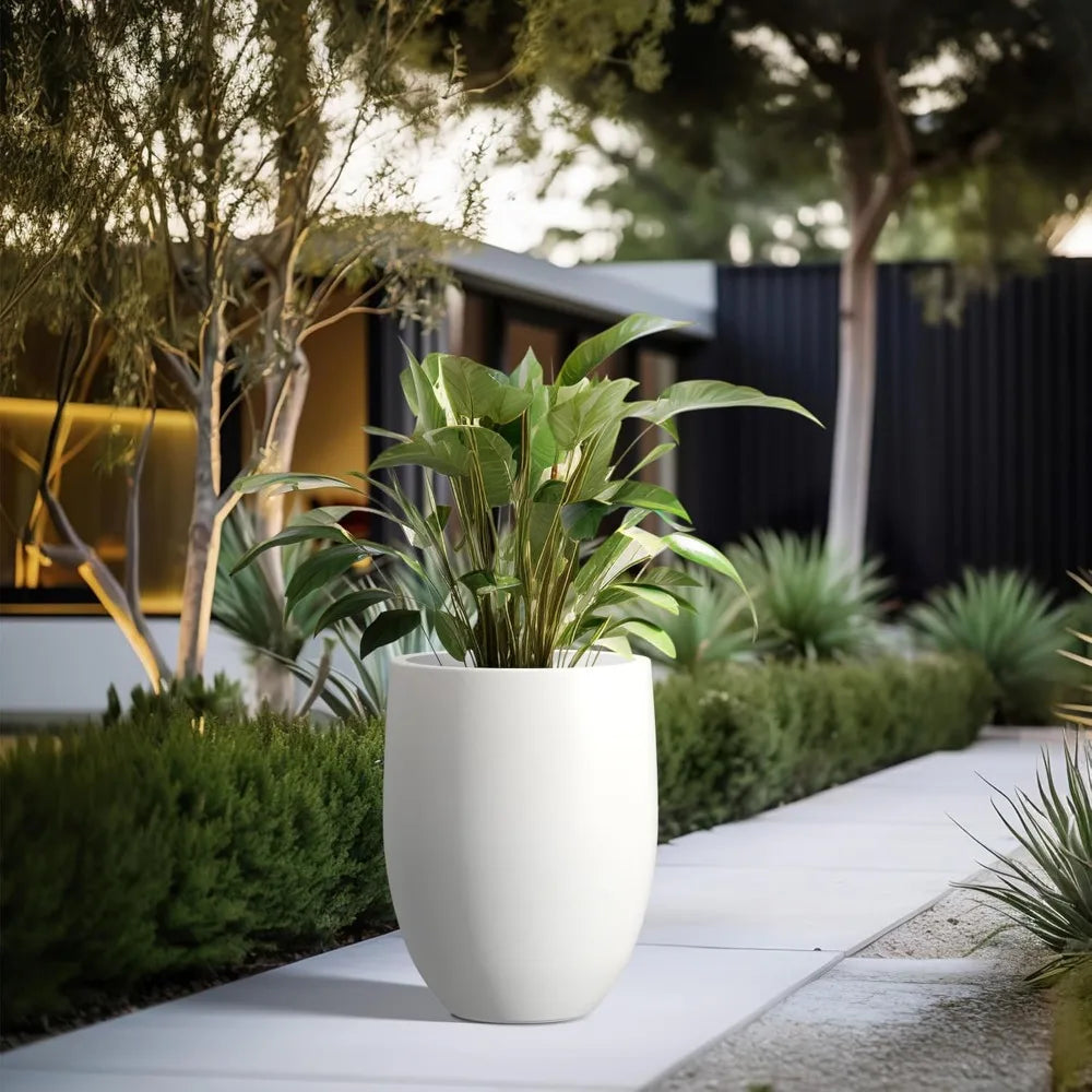 Modern Snow White Concrete Tall Planter with Drainage Hole