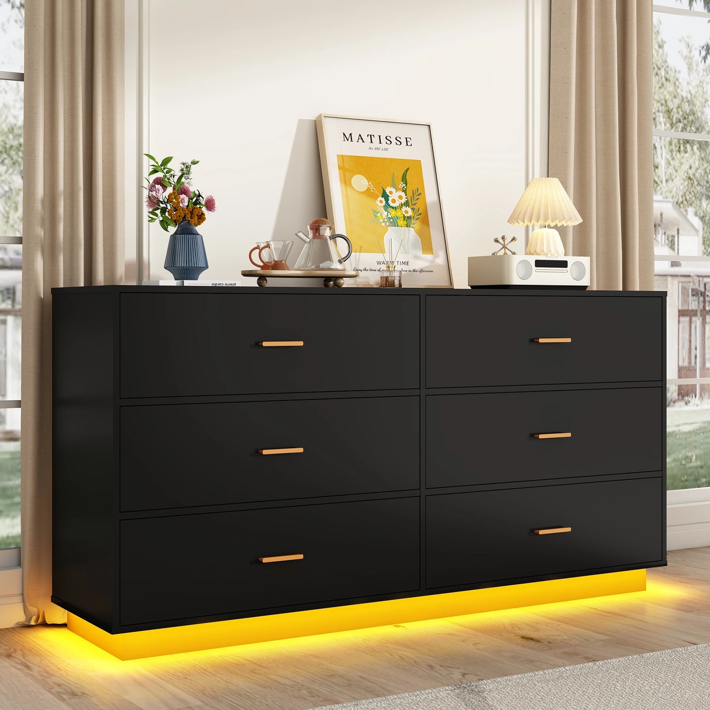 6 Drawer Dresser With Power Outlet LED Lights For Bedroom