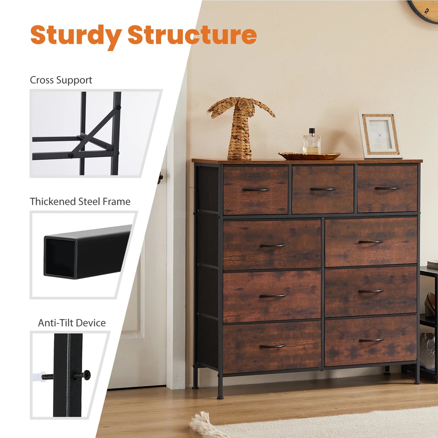 JHK Modern Dresser With 9 Fabric Drawers For Organized Storage