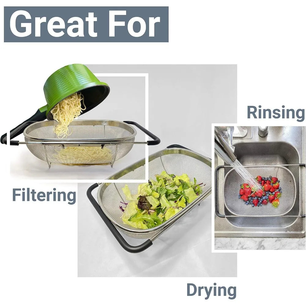 Over Sink Colander Filter Stainless Steel Rubber Handle