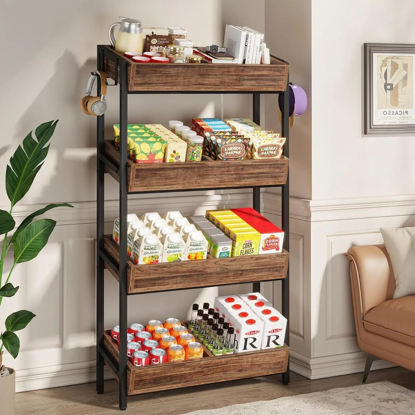 Four Tier Wooden Snack Stand With Heavy Duty Metal Frame